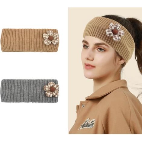 Damen-Haarband – 2-teilig, elastisch – Strickmuster mit Blumenmuster – Grau und Camel – Herbst-/Winteraccessoires (1/4)