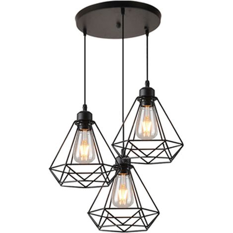 Vintage Diamond Pendant Light Metal Iron Hanging Ceiling Lamp Chandelier with Cage Lampshade for Kitchen Island