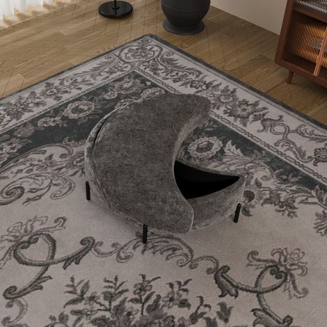 Tabouret demi-lune chenille avec plateau,siège rembourré table de chevet repose-pieds salon entrée gris. (1/5)