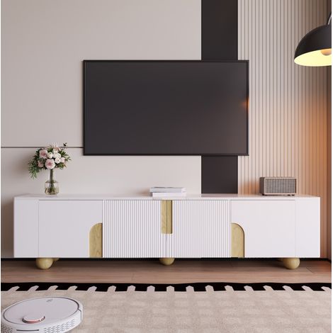 Meuble TV 180x40x44 cm blanc et aspect bois en MDF et panneau de particules avec 4 portes et pieds en bois massif (1/5)