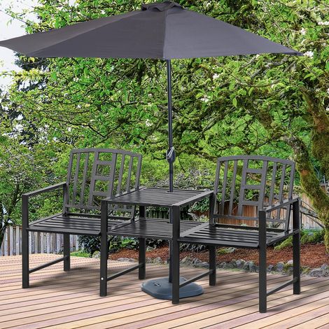 Banc de jardin moderne 2 places avec table et trou pour parasol, mobilier d'extérieur 165 x 56 x 85,5 cm, noir (1/5)