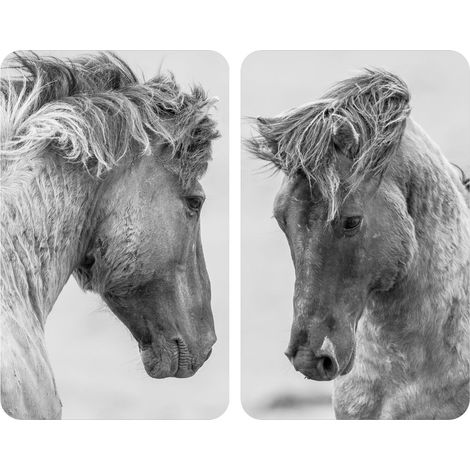 Protège-plaques de cuisson Universal Horses, set de 2, recouvrement de plaque pour tous les types de cuisinières, verre trempé, 30 x 52 cm, gris (1/5)