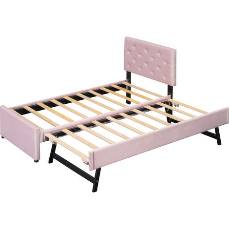 Lit rembourré 90x200 cm, lit avec sommier à lattes (sans matelas), lit avec tiroir roulant, velours, minimaliste, rose