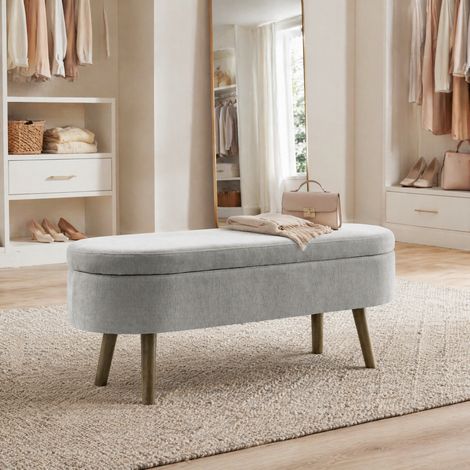 Banco de almacenamiento 110x40x42 cm gris, tapa hidráulica, tejido chenilla y madera MEUBLIV (1/5)