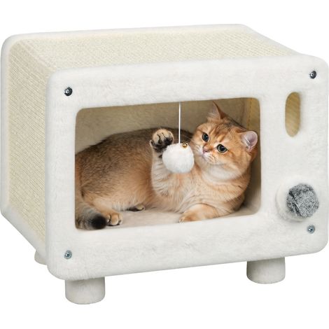 Maison pour chat - niche pour chat intérieure - PawHut - forme télé tapis en sisal balle suspendue - peluche - 50x33x42cm - blanc (1/5)