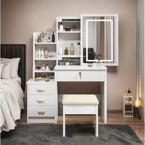 Coiffeuse blanche avec miroir éclairé LED réglable et tabouret, 4 tiroirs, 85x36x130 cm (1/5)
