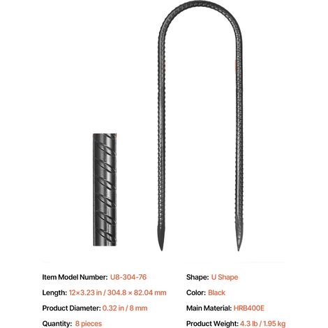 Ancrages au sol, Revêtement résistant à la rouille, Différentes formes disponibles, U 8pcs 12in (1/2)
