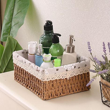 Panier de rangement tissé artisanal en tissu rural, corbeille de bureau pour étagères, chambre, salle de bain, taille moyenne 22x16x10cm, kaki (1/5)