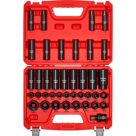 Coffret de Douilles à Chocs 39PCs à Entraînement de 12,7 mm, Kit de Douilles Profondes et Courtes à 6 Pans, Métriques 9-30 mm, en Acier Cr-V, Double Marquage de Taille, pour Entretien Automobile (1/5)