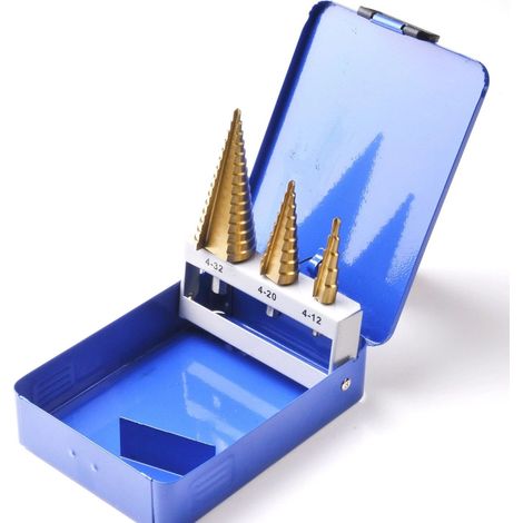 Foret étagé HSS TiN 3 pièces, jeu de forets étagés 4-12/4-20/4-32 mm, foret conique pour métal plastique bois avec coffret métallique (1/5)