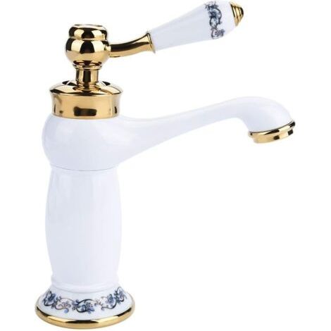 Robinet mitigeur monocommande – Robinet mitigeur eau chaude/froide monocommande à motif floral pour lavabo de salle de bain (Couleur : Blanc) (1/5)