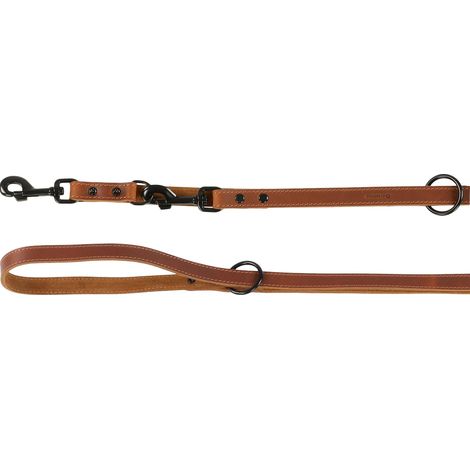 Laisse d'entraînement Cuir Cognac pour Chien - 240cm x 20mm - Réglage à 3 Positions - avec Rivets et Mousqueton a Une Finition Brillante Noire (1/2)