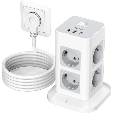 Multiprise avec Interrupteur, Rallonge Electrique 2M, Gris Prise Multiple 8 Sorties AC avec 1 USB,C et 2 USB A, Parafoudre et Surtension, 3600W Tour Multiprise pour Maison, Bureau (1/5)