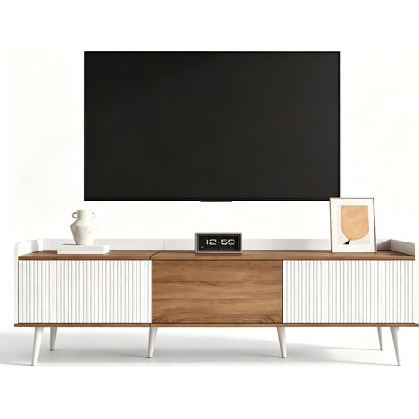 Meuble TV naturel + blanc,de 160 cm,portes et tiroirs,en panneaux de particules,pour televiseur,160 x 39 x 49 cm (1/5)