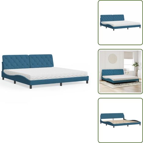 The Living Store Lit avec matelas bleu 200x200 cm velours - Lit Double - Lit Plateforme - Lit Design - Lit Velours - Literie (1/5)
