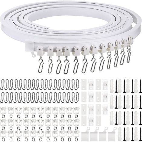 Barre de rideau de plafond pliable et incurvée, support de rideau de plafond flexible, rail incurvé souple pour tringle à rideaux avec crochets métalliques (blanc, 5 m) (1/5)
