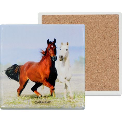 Set de table carré en céramique avec des chevaux peints, à offrir sous le café, cadeau pour lui