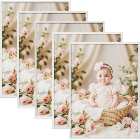Lot de 5 Cadre Photo 50x70 cm WOLTU, Cadre en Bois Massif, Décoration Murale ou sur Table, avec Passe Partout, Blanc