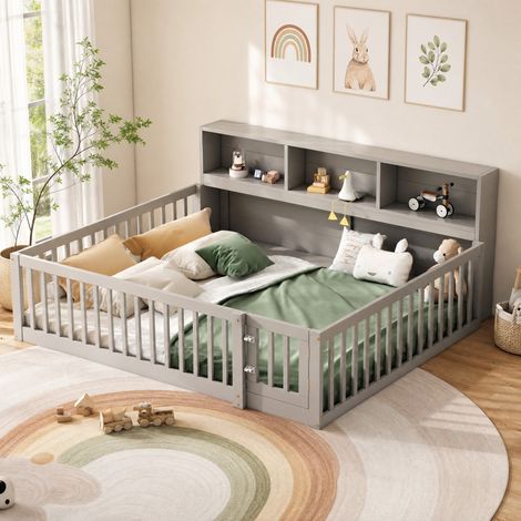 Letto giorno per bambini 140x200 cm, con rete a doghe, sponde e vani laterali, in pino e MDF, grigio, senza materasso (1/5)