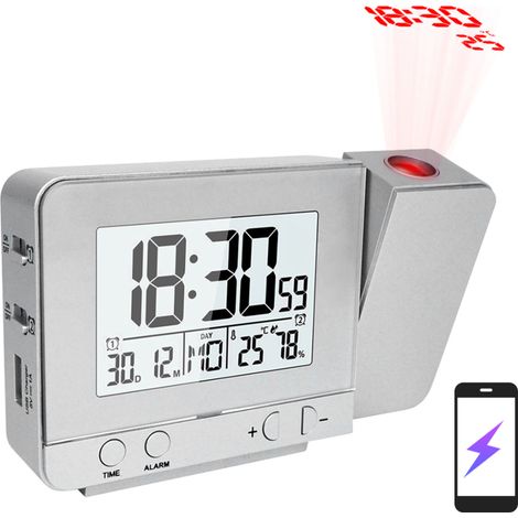Sveglia con proiettore, termometro, igrometro, display a LED, rotazione a 180°, doppio allarme (12/24 ore)