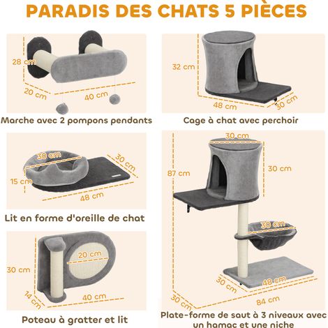 Étagères murales pour chat arbre à chat mural 5 pièces 2 niches hamac plateformes griffoirs en sisal gris (1/5)
