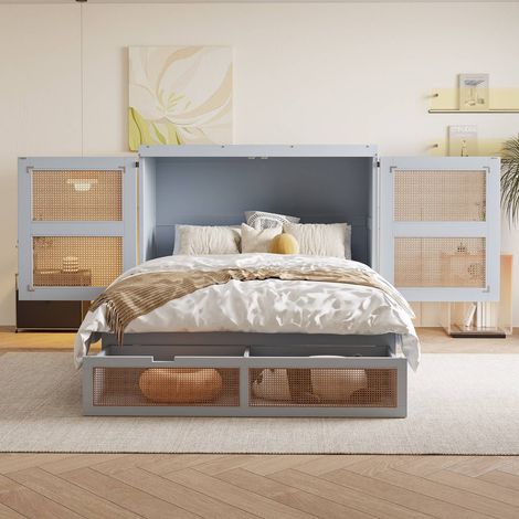 Lit escamotable vertical 140x200 cm gris en bois avec sommier, tiroirs de rangement et design rotin (1/5)