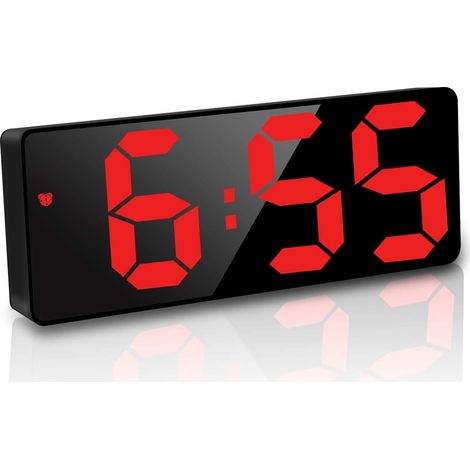 Réveil numérique, 6,7 pouces LED Miroir Horloge numérique Réveil de chevet Alarme matinale, Activé par la voix/Non-Tick/Snooze/Temp/Date Heure Luminosité réglable pour enfants adultes, Rouge (1/4)