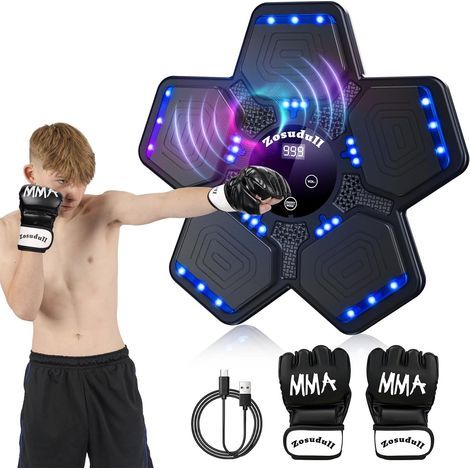 Machine de Boxe Musicale Bluetooth Intelligente, Boxeur Musical Mural avec lumière LED, équipement de Boxe Bluetooth pour Enfants/Adultes, Cible de Boxe Murale avec Gants de Boxe (1/5)