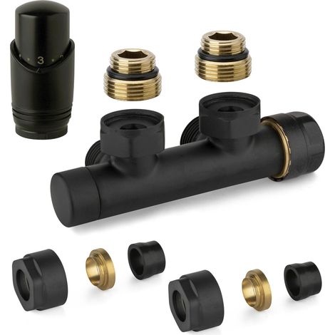 Kit valvola ad H termostatizzabile a squadra colore nero con adattatore per tubi rame APM 343KNN 015 R 12 Nero