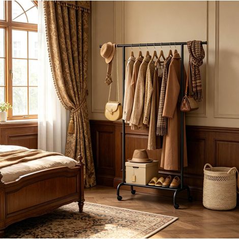 Porte-vêtements 124x40x156 cm en métal noir, avec rangement, gain de place pour chambre FloraGrace (1/4)