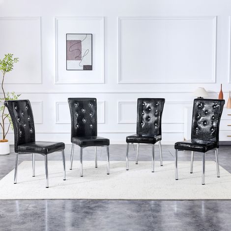 Lot de 4 chaises de salle à manger rétro effet peau de crocodile, PVC noir, pieds métal (1/5)