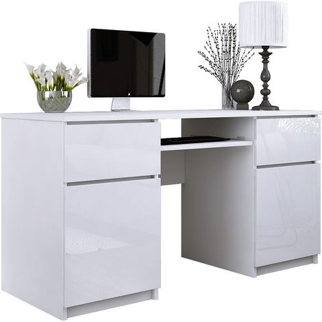 Bureau : 2 Tiroirs, Blanc Mat / Blanc Brillant, 135 x 77 x 50 cm (1/5)