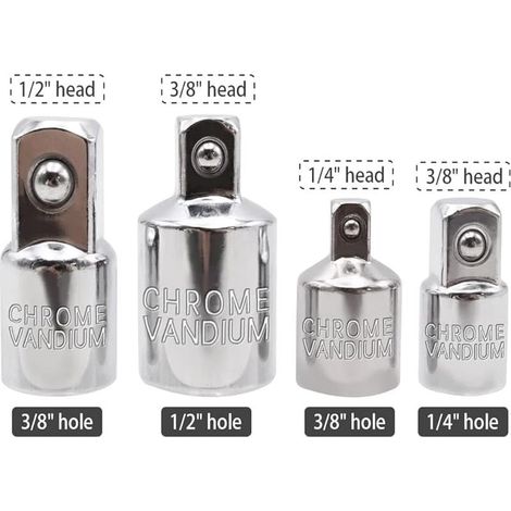 4-teiliges Adapterset, Reduzierstück 1/2" auf 3/8" Vierkantantrieb, Ratschenwagenheberadapter 3/8" auf 1/4" (silberfarben) (1/5)