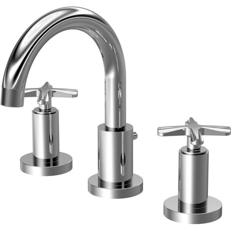 Balterley Levedale 3 Tap Hole Deck Mounted Basin Mixer Tap with Dual Crosshead Handles and Pop Up Waste - Polished Chrome Finish