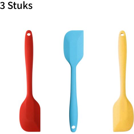 Lot de 3 petites spatules en silicone résistantes à la chaleur et faciles à nettoyer pour pâtisserie préparation et décoration de desserts couleurs rouge bleue et jaune (1/5)