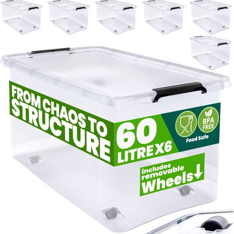 DEUBA® 30/60 Litre Plastic Rolling Storage Boxes w/Lid Stackable Clear BPA-Free 6x 60L (de) (1/9)
