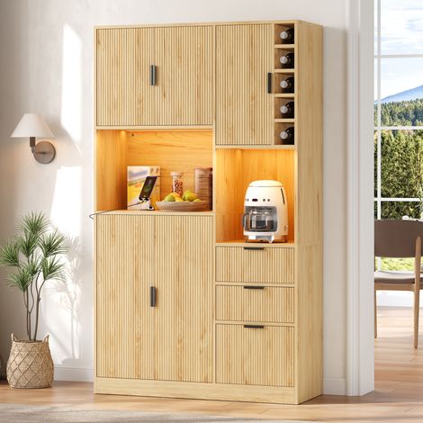 Meuble bar à vin, éclairage LED, étagères réglables, prises intégrées, rangement à vin, 105 x 40 x 180 cm, MDF, bois naturel (1/5)