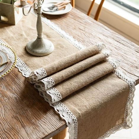 Tischläufer aus cremefarbenem Jute-Stoff mit Spitzenborte, rustikale Teetischdecke, Anrichtentischdecke für Restaurant, Küche, Esszimmer, Party, Landhausstil (1/5)