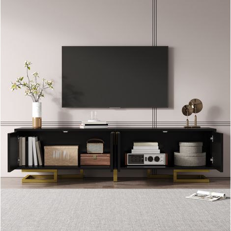 Meuble TV 160x38x44.5 cm noir en panneau de particules avec portes texturées, pieds dorés et rangement (1/5)