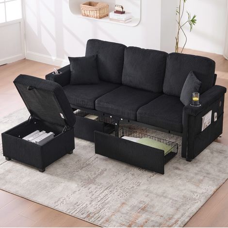 Divano modulare 194x73x81 cm con LED, porte USB TypeC, contenitore, tasche laterali, corduroy nero (1/5)