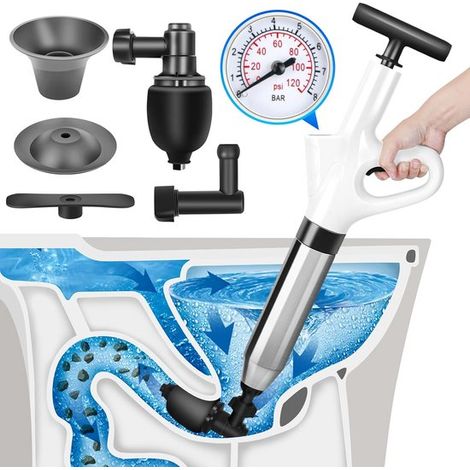 Pulitore per scarichi ad alta pressione, pulitore per scarichi ad aria compressa con manometro e accessori in acciaio inossidabile, potente strumento per la pulizia di scarichi intasati (1/5)