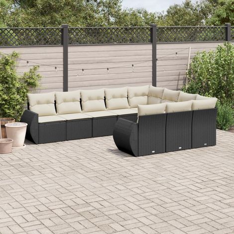 Ensemble Salon Jardin 10 Places Noir Résine Tressée avec Coussins Crème - Meuble Extérieur Modulaire (1/5)