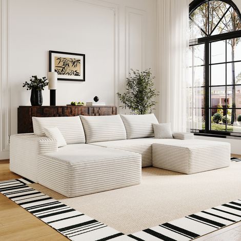 Canapé d'angle gauche modulaire avec pouf amovible en velours côtelé,Compressé sans assemblage,Design moderne,270x175x83cm,Beige (1/5)