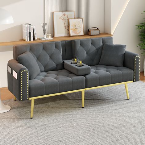 Schlafsofa 175x80x73.5 cm grau aus Samt mit Liegefunktion, 3-fach verstellbarer Rückenlehne und Getränkehalter (1/5)