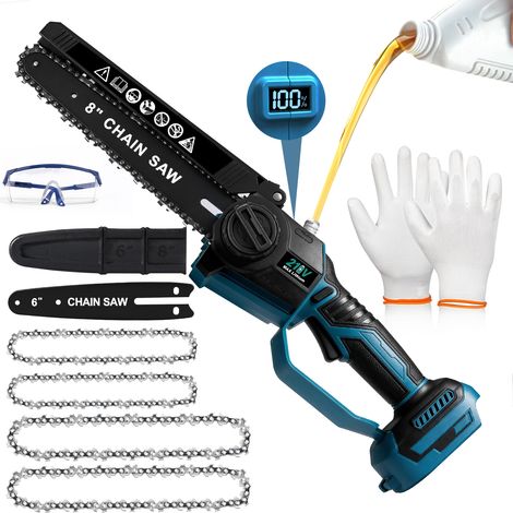 Mini Tronçonneuse / Tronçonneuse électrique Portable, 8 / 6 Pouces 28000RPM 900W Moteur Brushless, 4 Chaînes, Tronçonneuse à batterie pour Jardinage, Elagueurs, Coupes à Bois