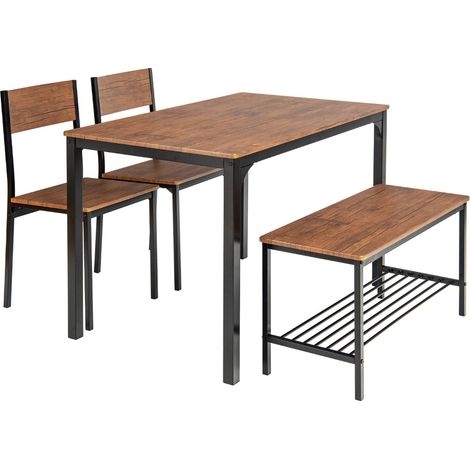 Set tavolo e sedie da cucina 4 pezzi, Tavolo da pranzo con 2 sedie e 1 panca telaio e ripiano metallici Noce (1/4)