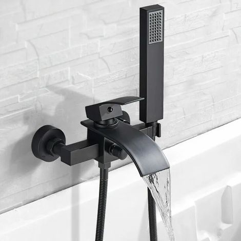 Mitigeur cascade mural noir pour baignoire avec douchette, robinet bain-douche moderne, eau chaude et froide, bec cascade élégant pour salle de bain (1/4)
