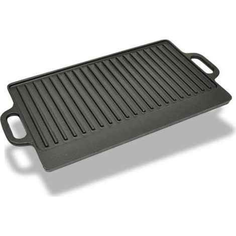 1 plateau de gril réversible en fonte 50x23 cm, surface lisse et côtelée, pour barbecue et pizza, idéal cuisine extérieure (1/5)