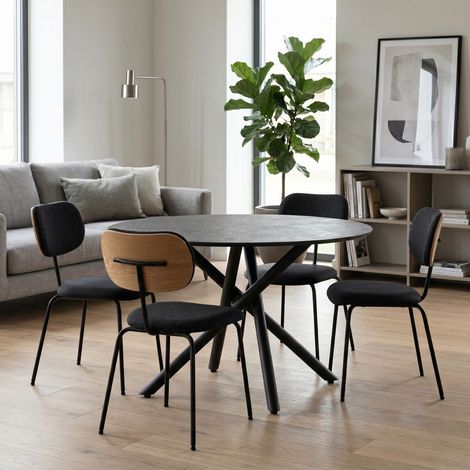 Table ronde design + 4 chaises tissu noir et métal noir - AMAEL (1/5)