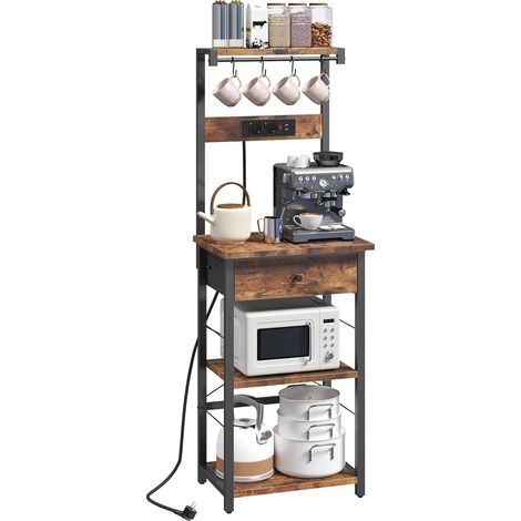 Étagère de Boulanger avec Tiroir et Prise de Courant, Support pour Micro-Ondes, Bar à Café, 4 Crochets en S, pour Cuisine, Salon, Salle à Manger, Marron Rustique ABRHR48UE01 (1/5)